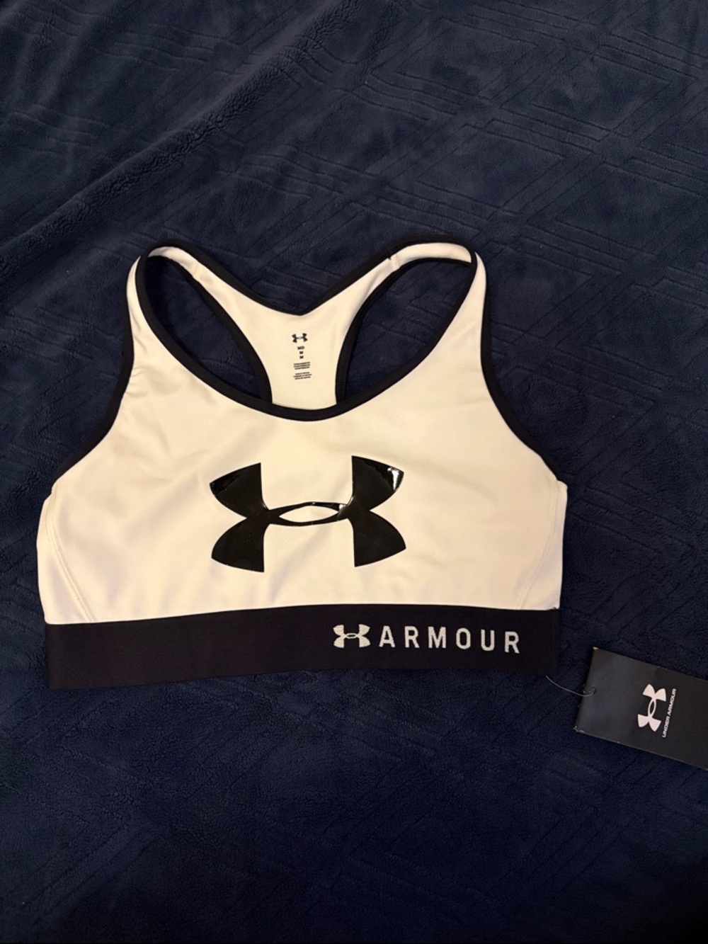 NWT Under Armour White and Black Logo Racerback Sports Bra M price firm .